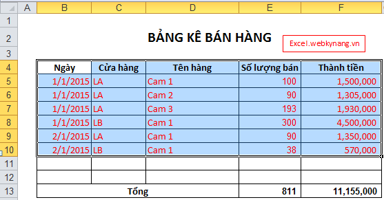 lệnh lọc trong excel
