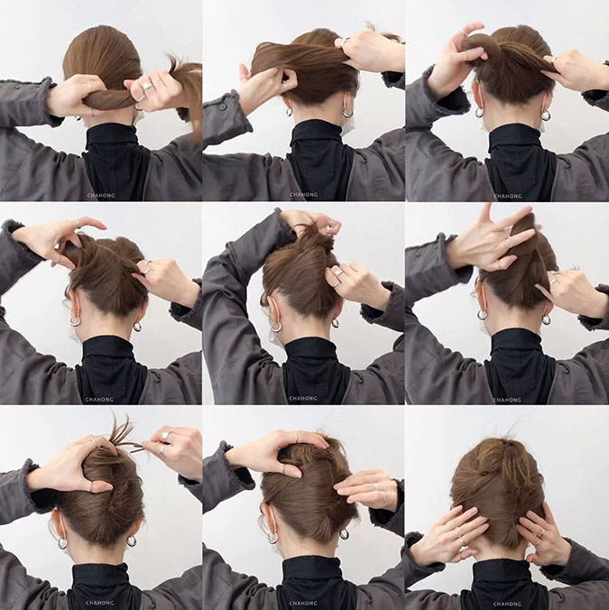 6 cách buộc tóc, búi tóc không cần dây 7
